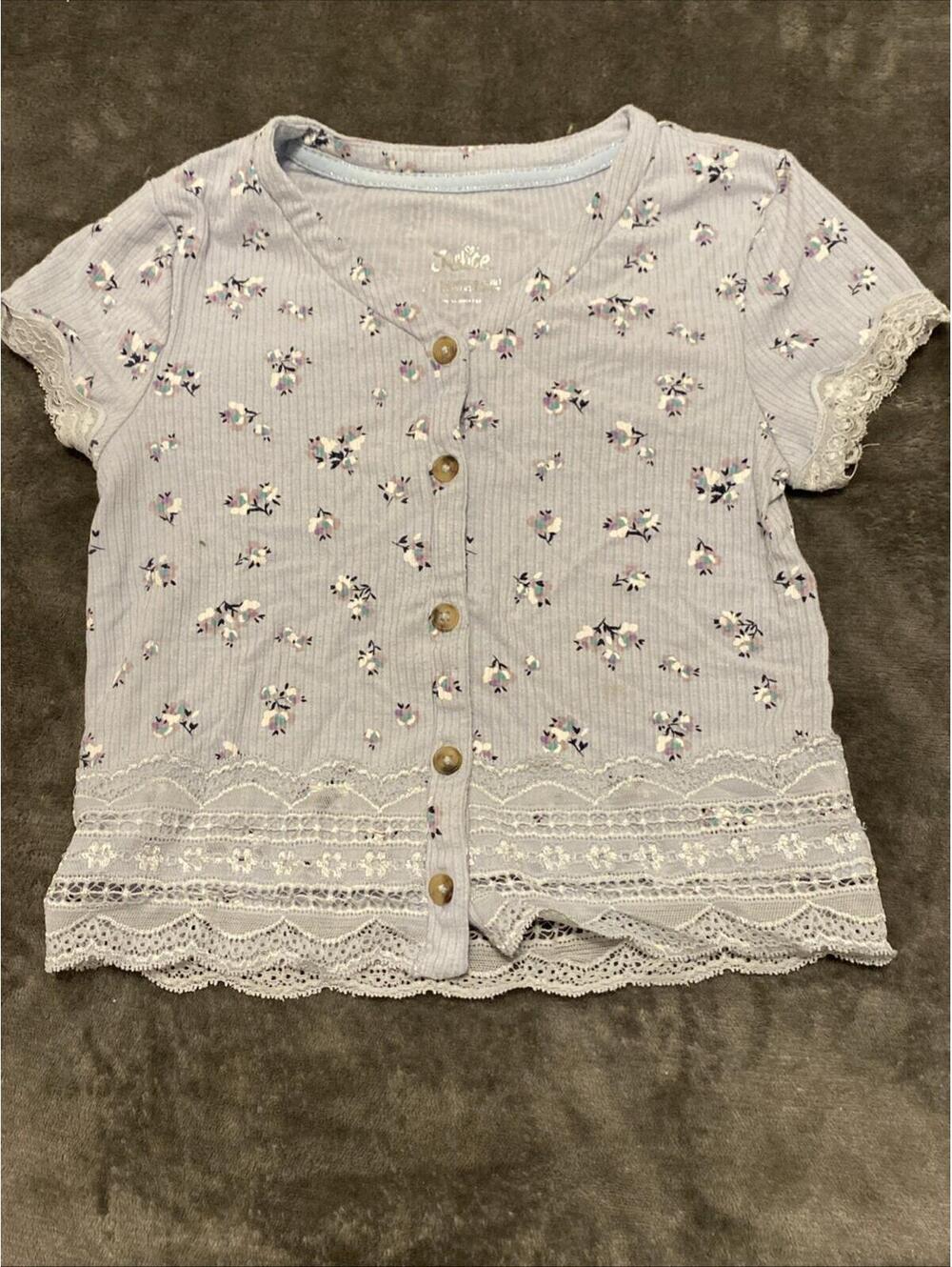 Justice Girls Shirt Small 7 Boho Style Blue With Flowers Cap Sleeve